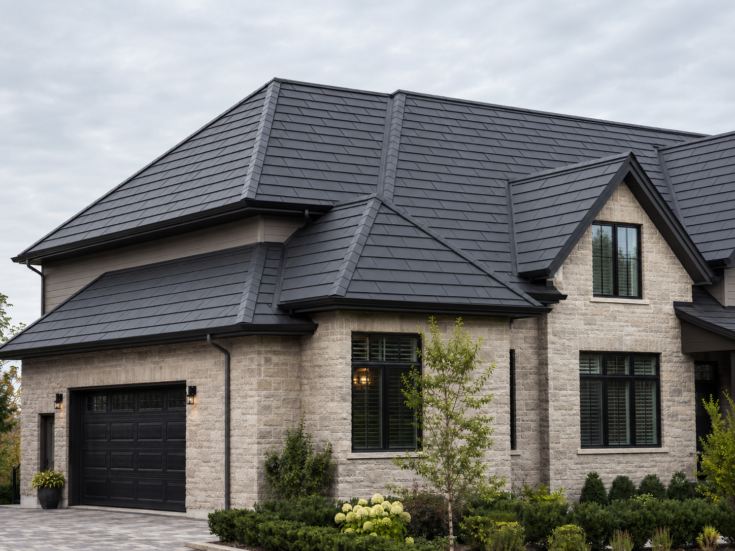 Aluminum shingle roof on an Ontario home showing an interlocking modular pattern