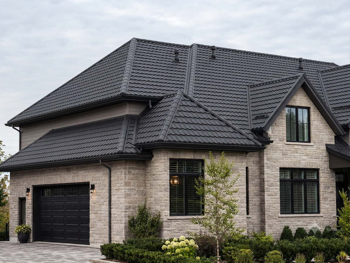 Formed steel panels shaped like traditional roof tile