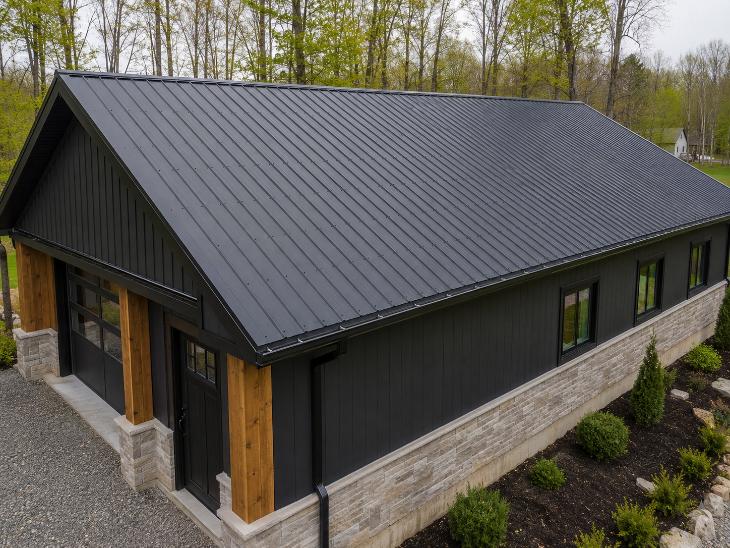 Ribbed steel roofing panels with visible fasteners