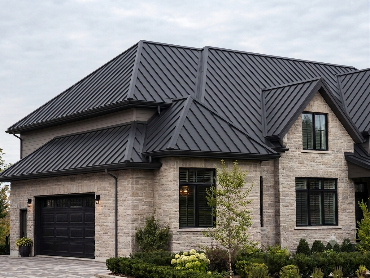 Standing seam metal roofing with clean vertical panel lines